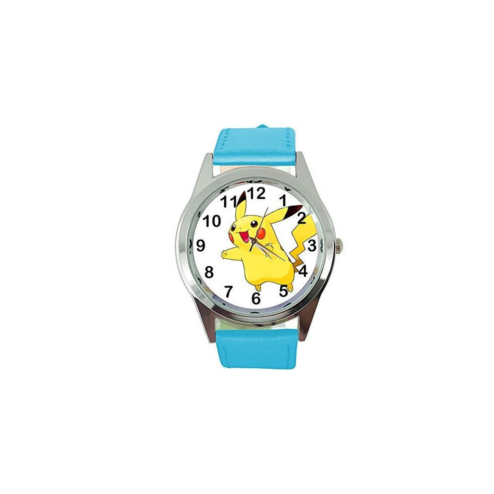 Taport Pikachu Pokemon Round Quartz Watch Leather Band Blue