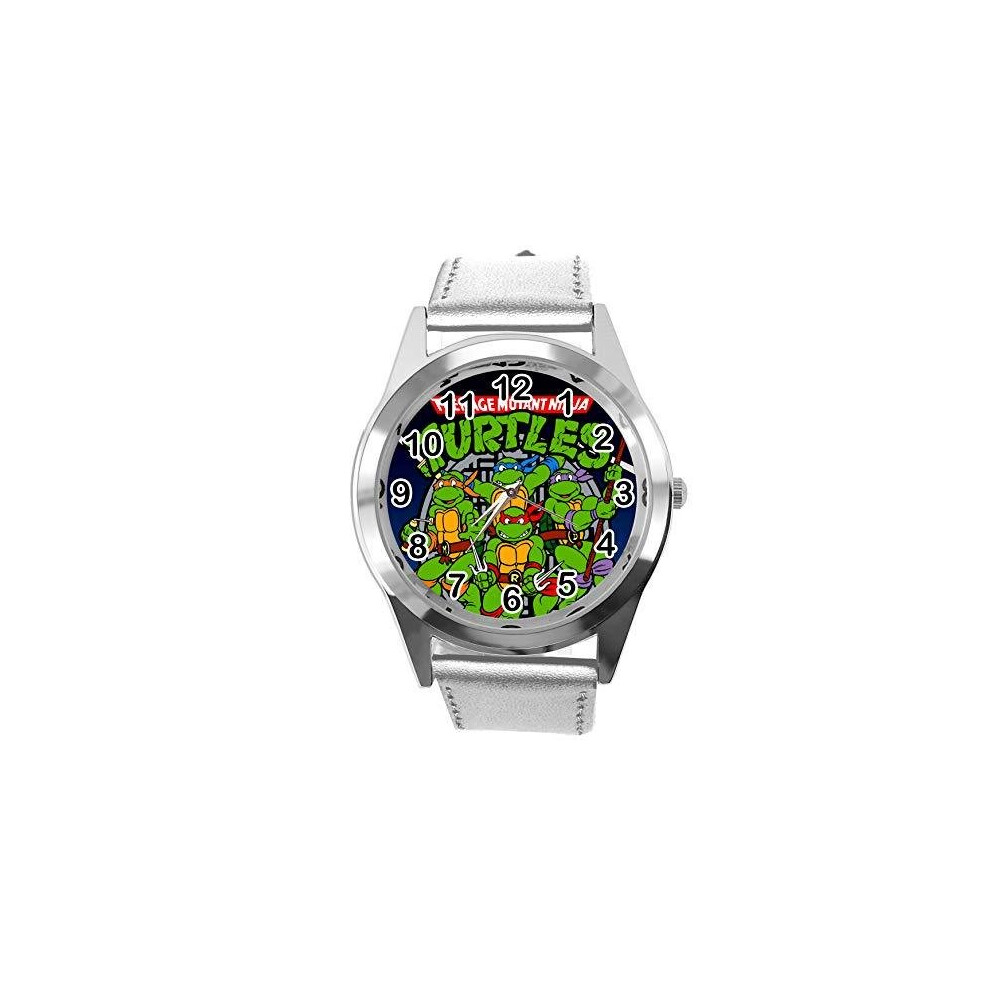 Photos - Wrist Watch Quartz Watch Silver Leather Band Round for Teenage Mutant Ninja Turtles Fans