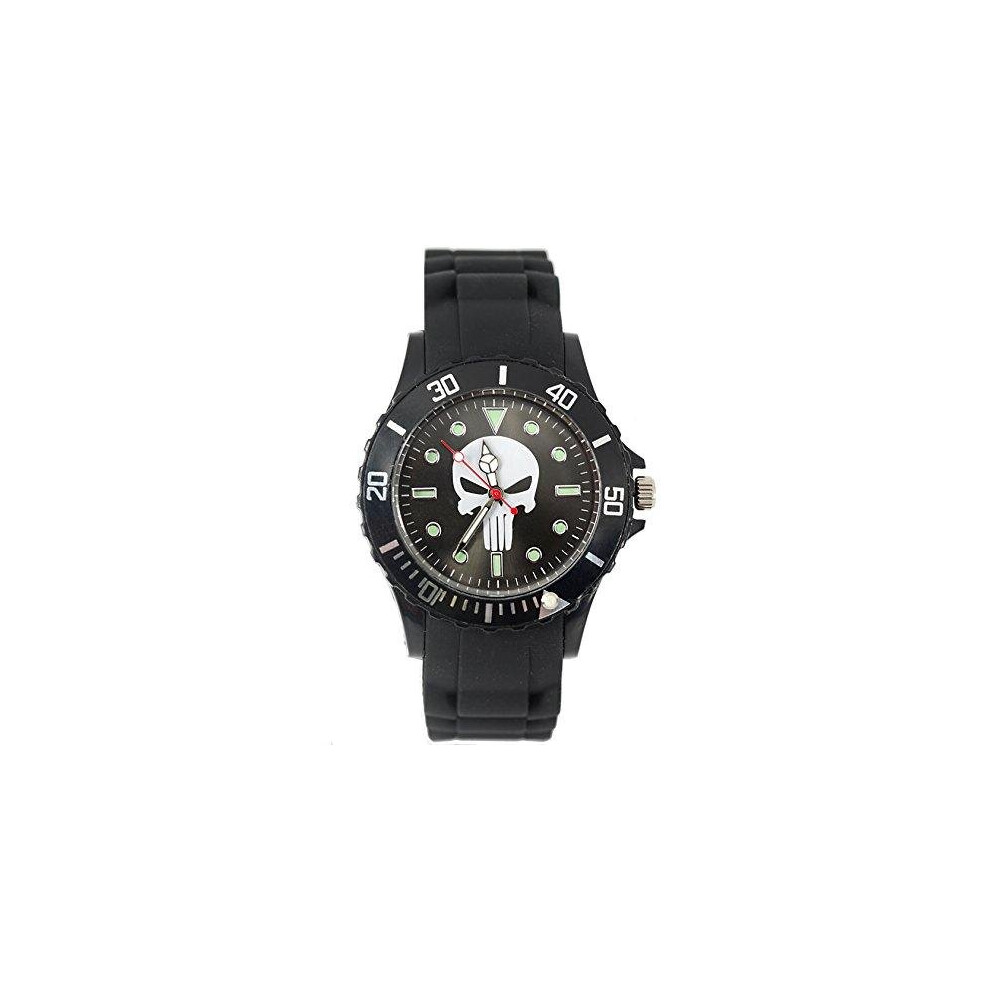 Punisher Quartz Round Sport Watch Silicone Band   Black