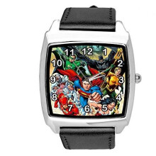 DC Justice League Superheroes Quartz Square Watch Real Leather Band Black