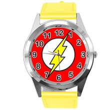 Quartz Watch Yellow Leather Band Round for Thunder Flash Slash Hero Fans