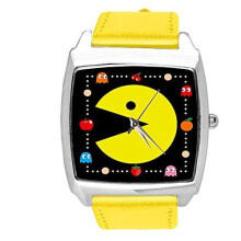 Watch Analogue Quartz with Real Leather Band Yellow Square for Pacman Fans
