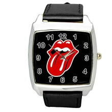 Rolling Stones Quartz Square Watch Black Real Leather Band