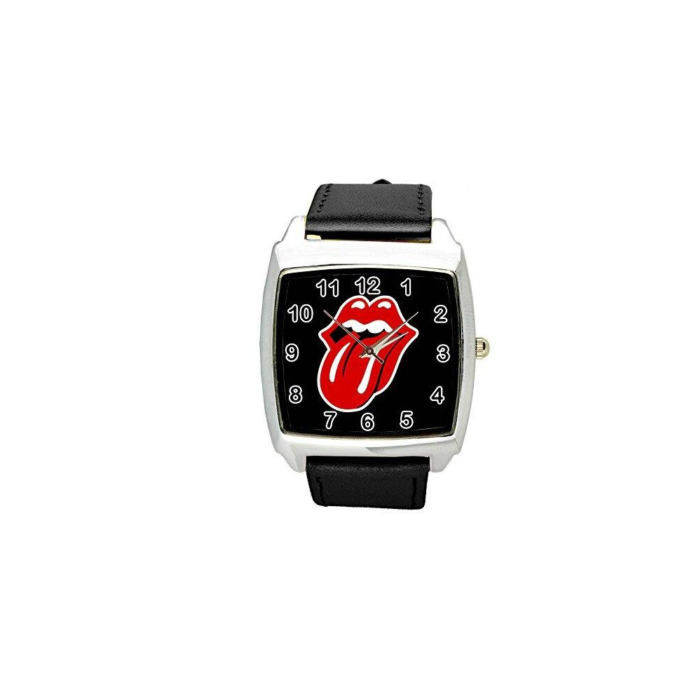 Rolling Stones Quartz Square Watch Black Real Leather Band