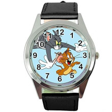 Black Real Leather Quartz Round SCI FI Watch for Tom and Jerry Fans