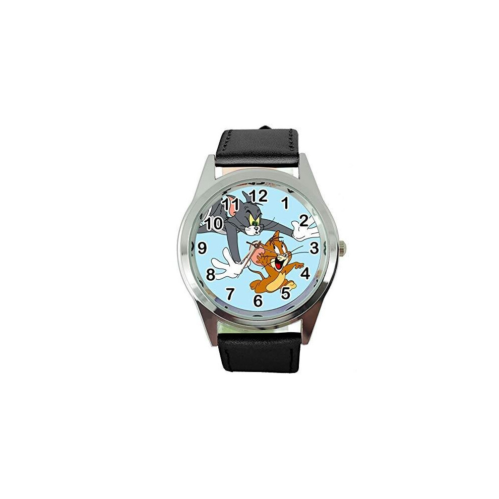 Black Real Leather Quartz Round SCI FI Watch for Tom and Jerry Fans