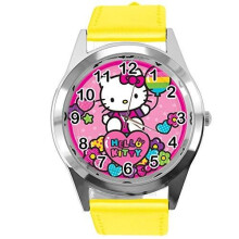 Real Leather Band Yellow Round Watch for Hello Kitty Fans