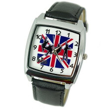 Union Jack The Beatles Quartz Square Watch Real Leather Band Bw Text Dial Black