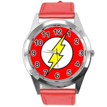 Quartz Watch RED Leather Band Round for Thunder Flash Slash Hero Fans