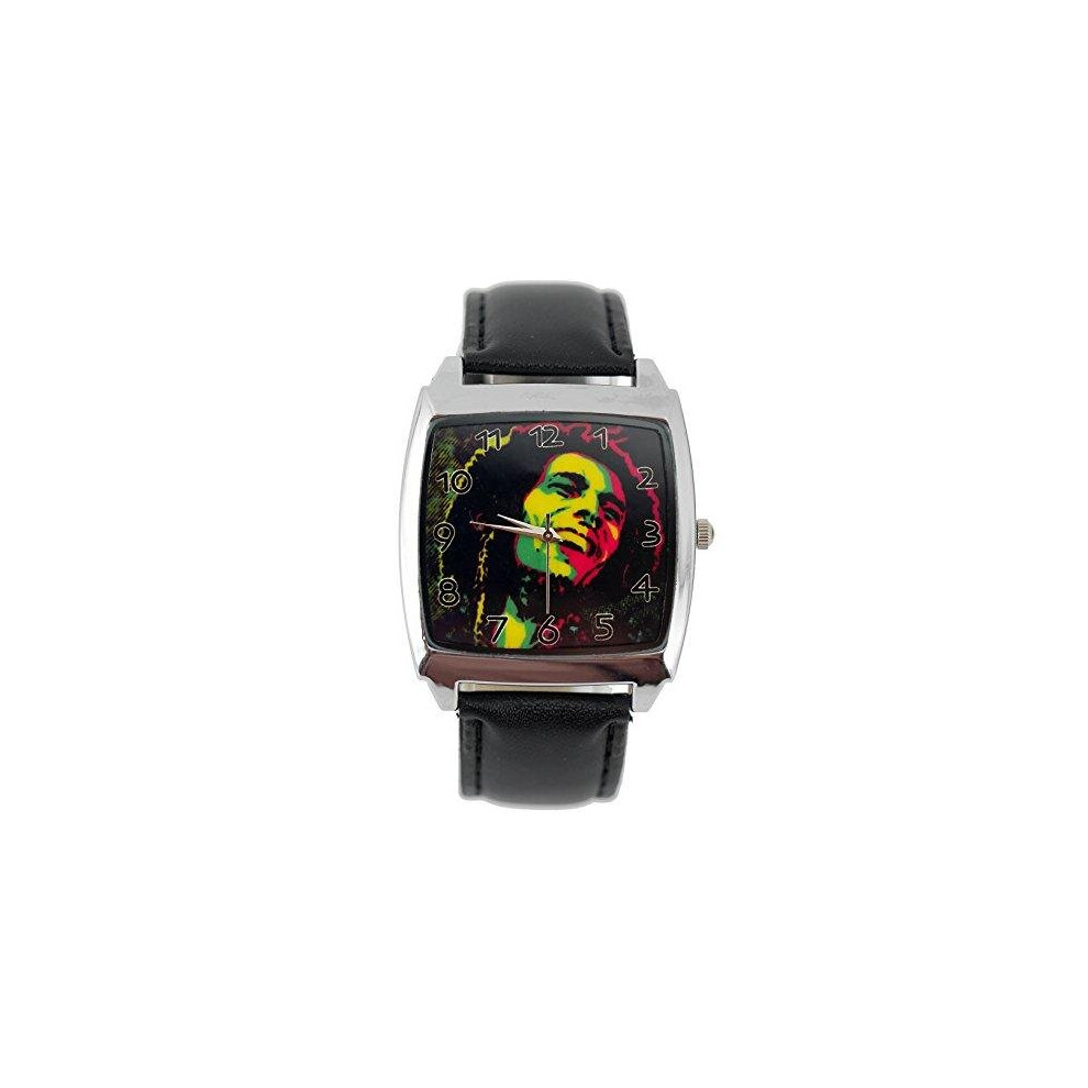 Taport Bob Marley Quartz Square Watch Real Leather Band Black