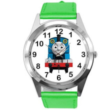 Watch Analogue Quartz with Real Leather Band Green Round for Thomas The Train Fans