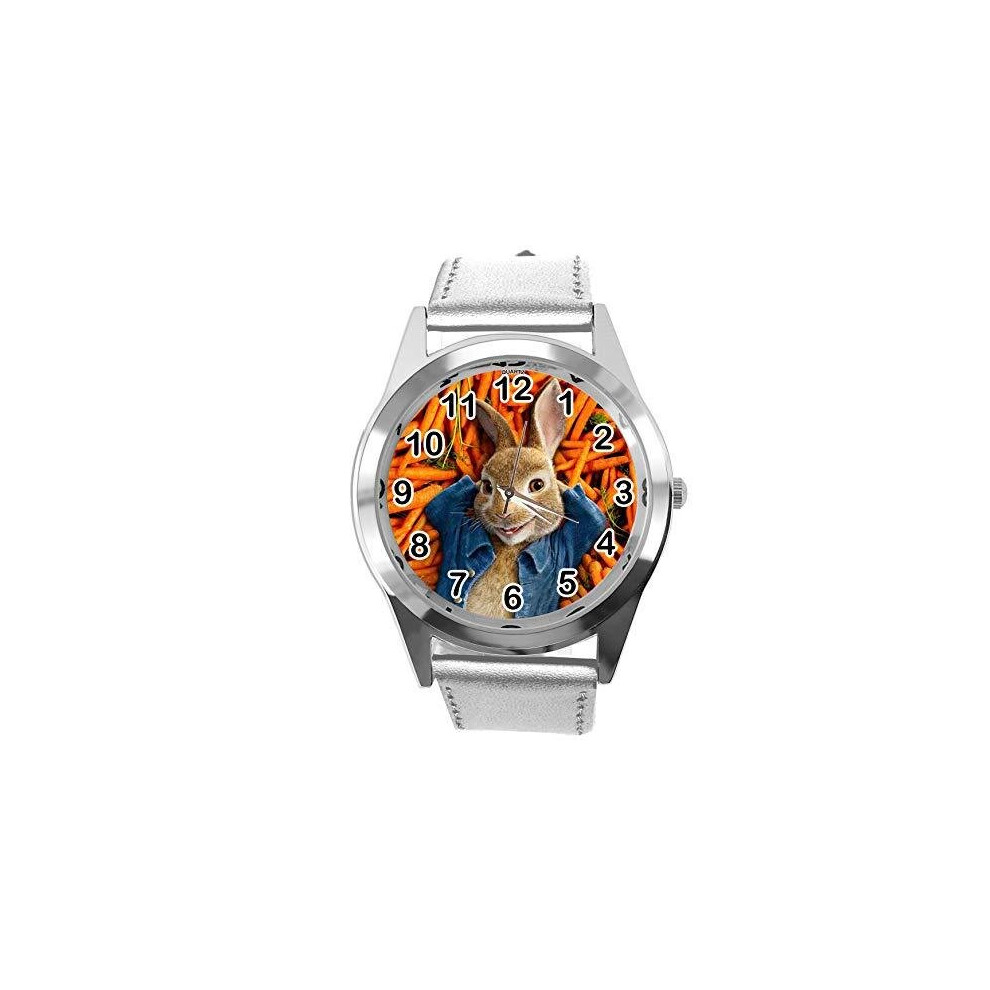 Quartz Silver Leather Band Round Watch for Peter Rabbit Fans