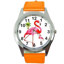 Flamingo Round Quartz Watch Orange Leather Band