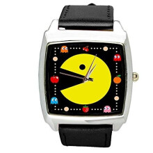 Pacman Quartz Square Watch Leather Band Black