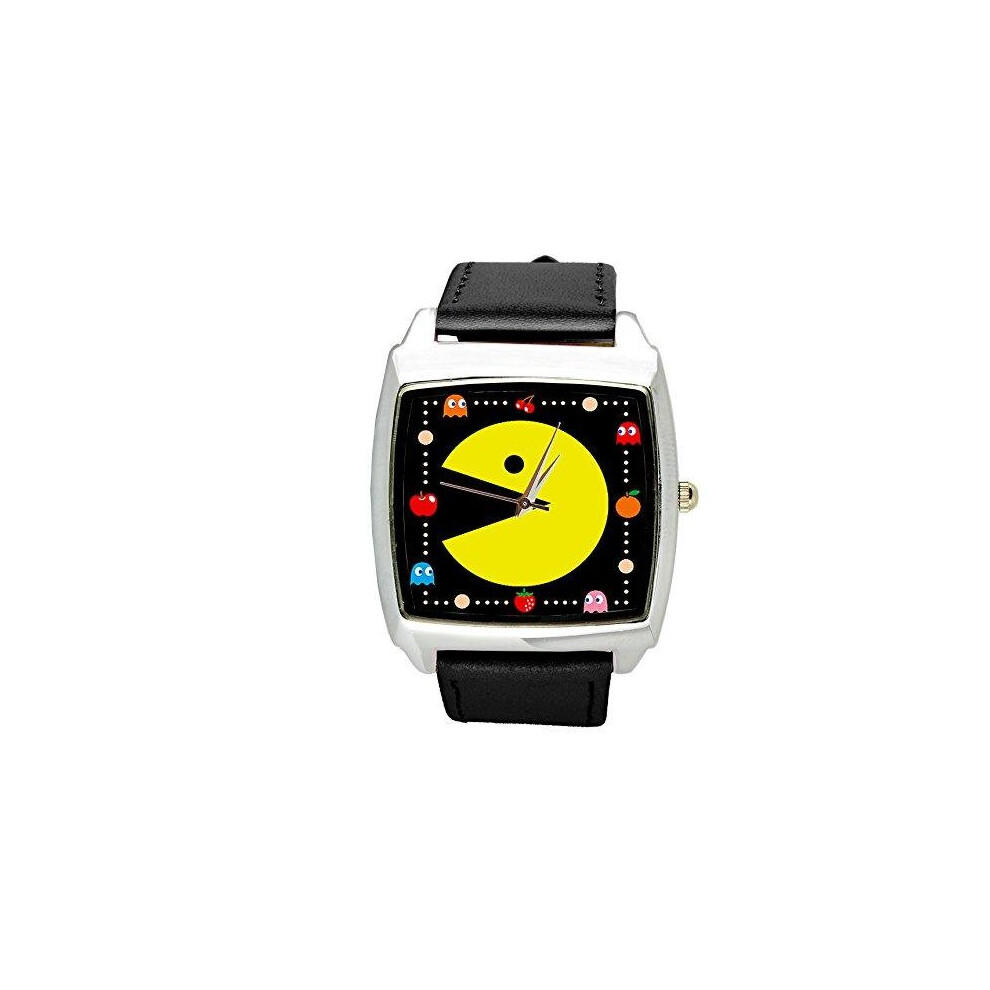 Pacman Quartz Square Watch Leather Band   Black