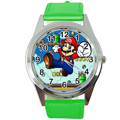 Green Leather Band Quartz Watch for Mario Fans E1