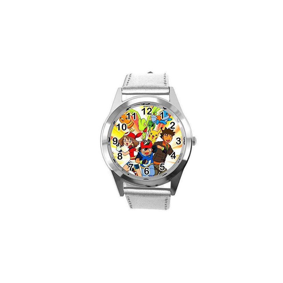 Pokemon League Team Quartz Round Watch Silver Leather Band