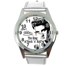 Watch Analogue Quartz with Real Leather Band Silver Round for Fan of Elvis Presley e0