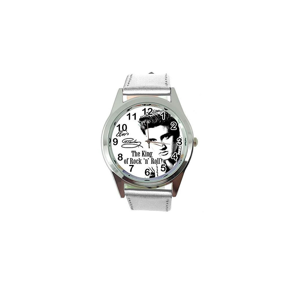 Taport Watch Analogue Quartz With Real Leather Band Round For Fan Of Elvis Presley E0 Silver