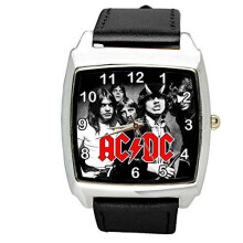 ACDC Quartz Square Watch Real Leather Band Black