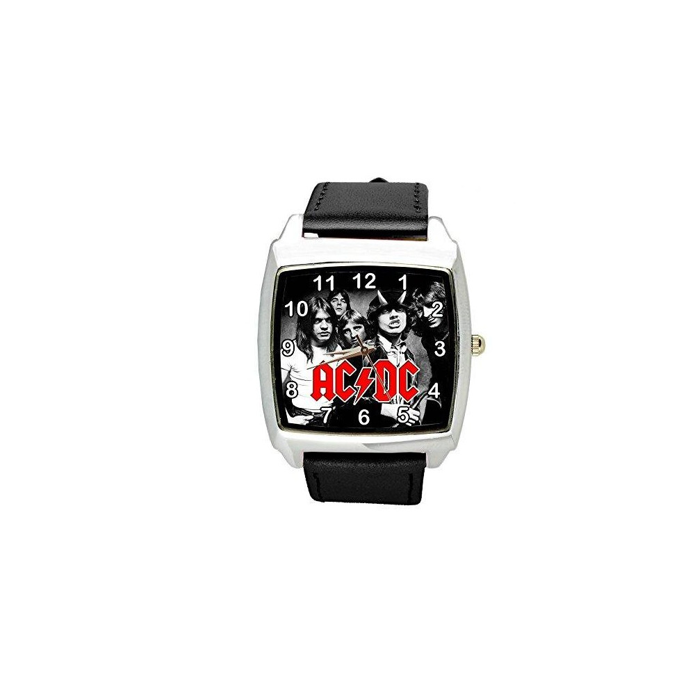 ACDC Quartz Square Watch Real Leather Band   Black