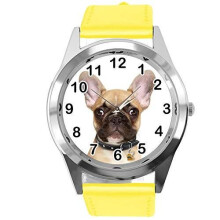 Watch Analogue Quartz with Real Leather Band Yellow Round for French Bulldog Fans