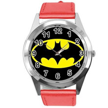 Quartz Watch RED Leather Band Round for Batman Fans