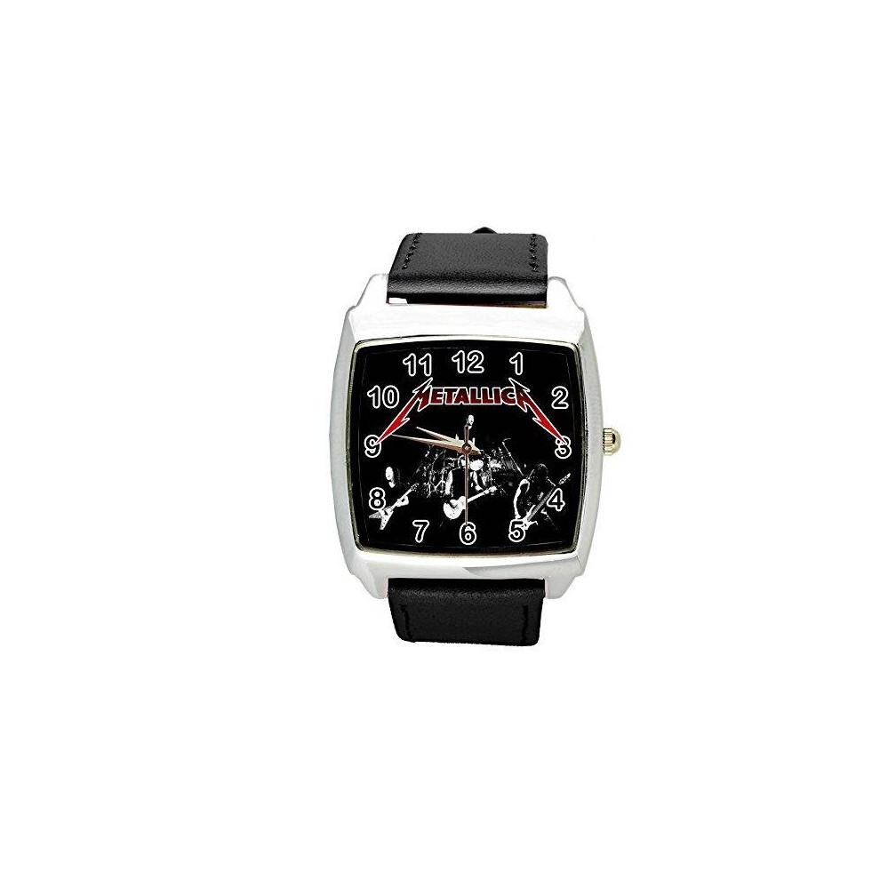 Metallica Quartz Square Watch Real Leather Band   Black