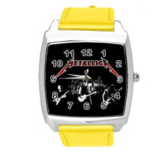 Watch Analogue Quartz with Real Leather Band Yellow Square for Fan of Metallica