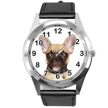 Watch Analogue Quartz with Real Leather Band Black Round for French Bulldog Fans