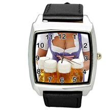 Oktoberfest Beer Quartz Square Watch Real Leather Band Bw Text Dial Black