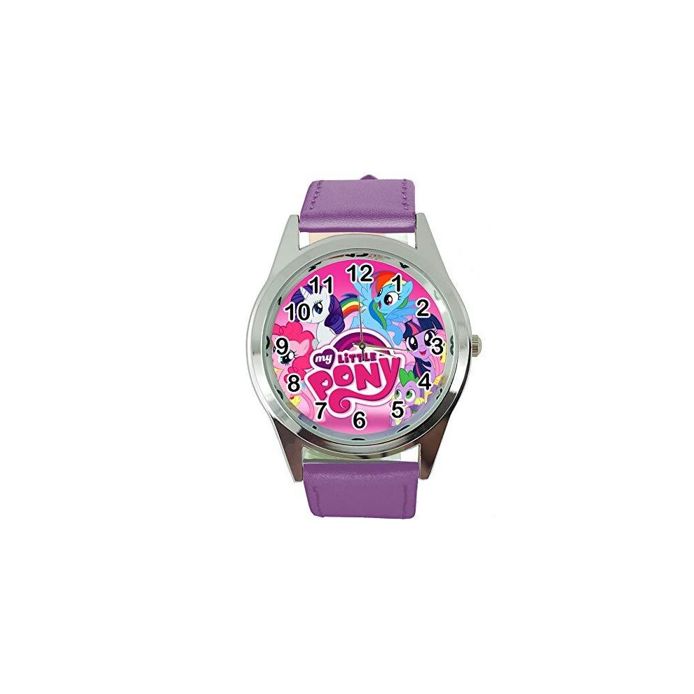 Taport Watch Analogue Quartz With Real Leather Band Violet Round For Fan Of My Little Pony E2 Purple