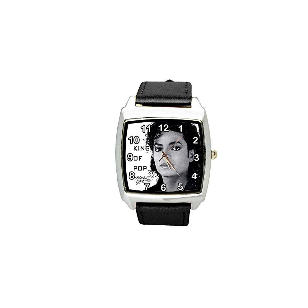 Taport Michael Jackson Quartz Square Watch Real Leather Band Dial E2 Black