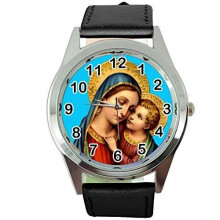 Saint Mary Quartz Round Watch Black Leather Band