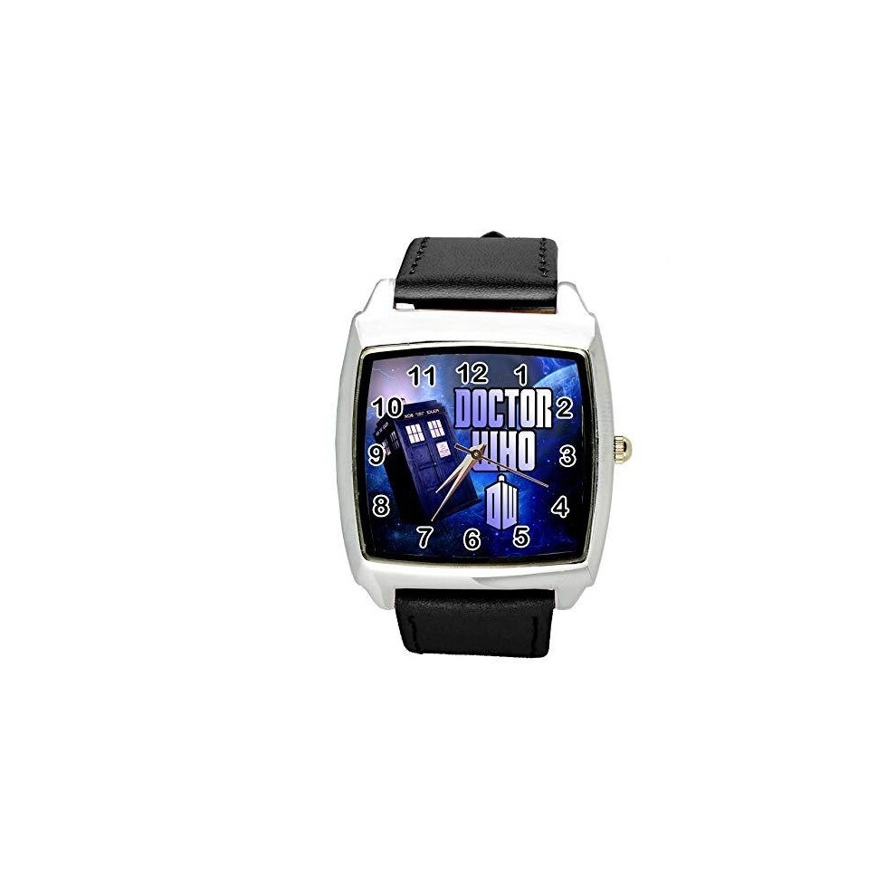 Black Real Leather Quartz Square Watch for DR WHO Fans E2