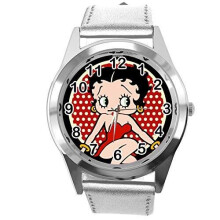 Silver Real Leather Band Watch for Betty BOOP Fans - Stainless Steel Case, Quartz Movement, 24 cm Band, Free Gift Bag