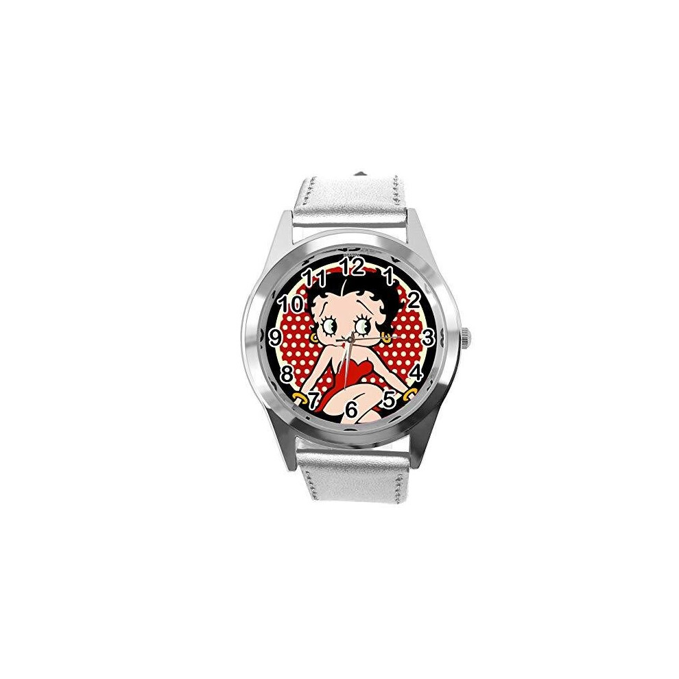 Silver Real Leather Band Watch for Betty BOOP Fans