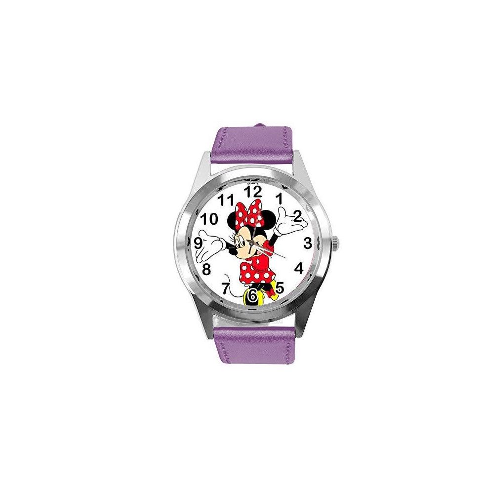 Taport Real Leather Band Watch For Minnie Mouse Fan Purple