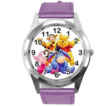 Quartz Watch Violet Leather Band Round for Winnie The Pooh Fans
