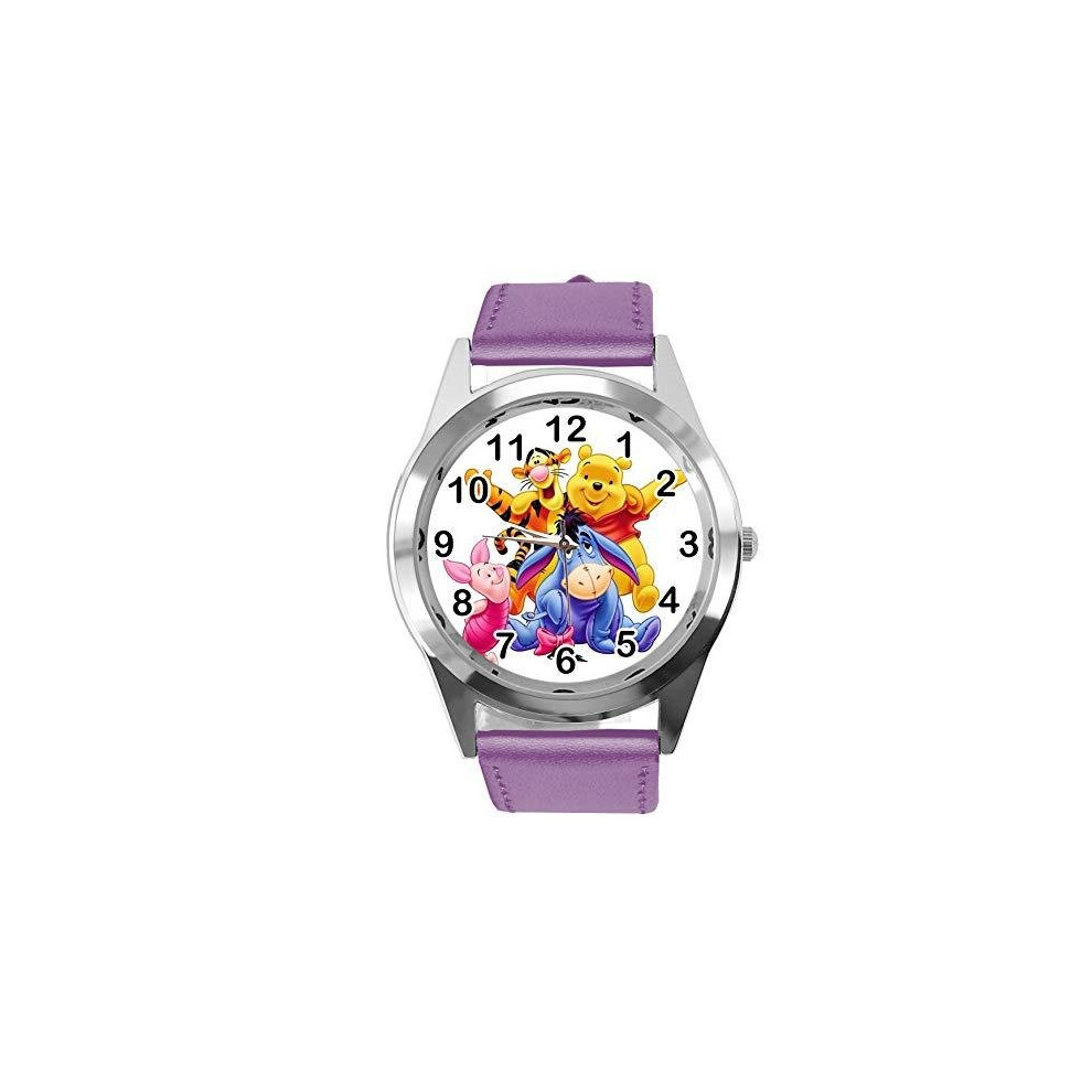 Quartz Watch Violet Leather Band Round for Winnie The Pooh Fans