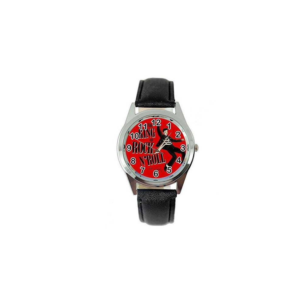 Taport Elvis Presley Music Legend Quartz Round Watch Real Leather Band E6 Dial Black