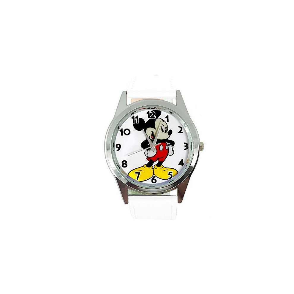 Watch Analogue Quartz with Real Leather Band White Round for Fan of Mickey Mouse