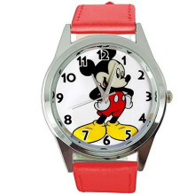 Watch Analogue Quartz with Real Leather Band RED Round for Fan of Mickey Mouse