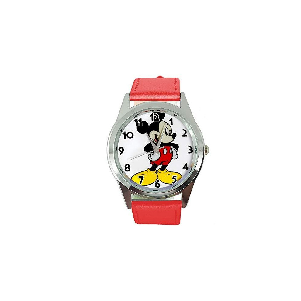 Watch Analogue Quartz with Real Leather Band RED Round for Fan of Mickey Mouse