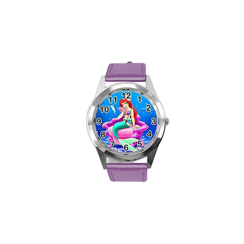 Watch Analogue Quartz with Real Leather Band Violet Round for Fan of The Little Mermaid