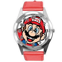 Quartz Watch RED Leather Band for Mario Fans E3