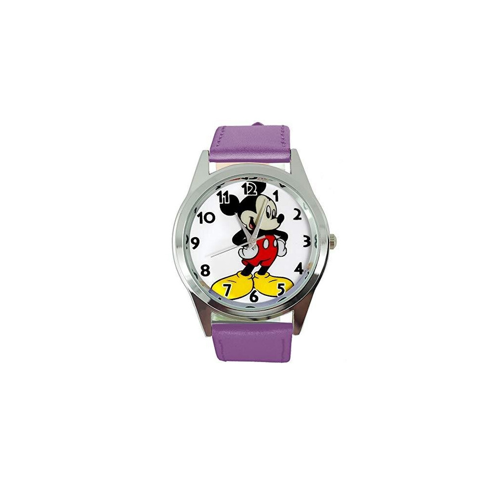 Watch Analogue Quartz with Real Leather Band Violet Round for Fan of Mickey Mouse