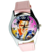 Elvis Presley Quartz Round Watch with Real Leather Pink Band, Pink Dial, Stainless Steel Case, 24cm Band, Free Gift Bag