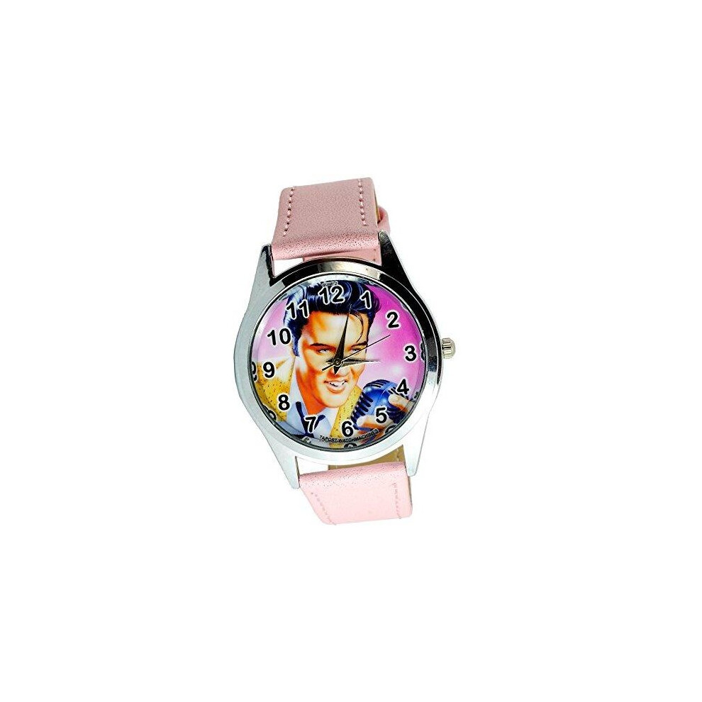 Elvis Presley Quartz Round Watch Real Leather Pink Band Pink Dial