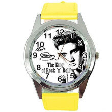 Watch Analogue Quartz with Real Leather Band Yellow Round for Fan of Elvis Presley e0